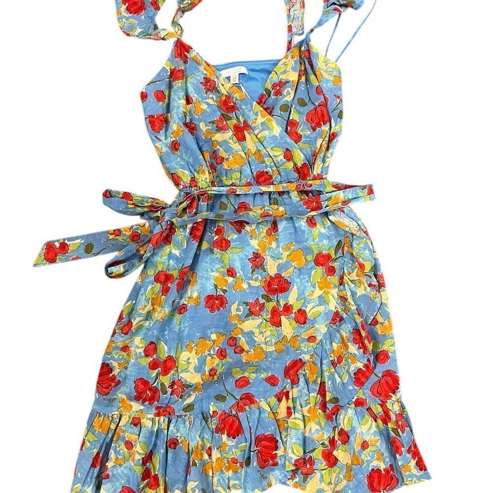 LC Lauren Conrad XS Blue Floral Faux Wrap Knee Length Dress‎